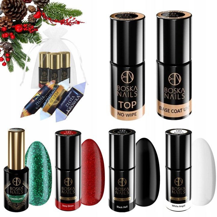 Set de lacuri hibride Boska Nails 4x6ml, alb, negru, rosu sclipitor, verde sclipitor, baza si top 6ml, cadou