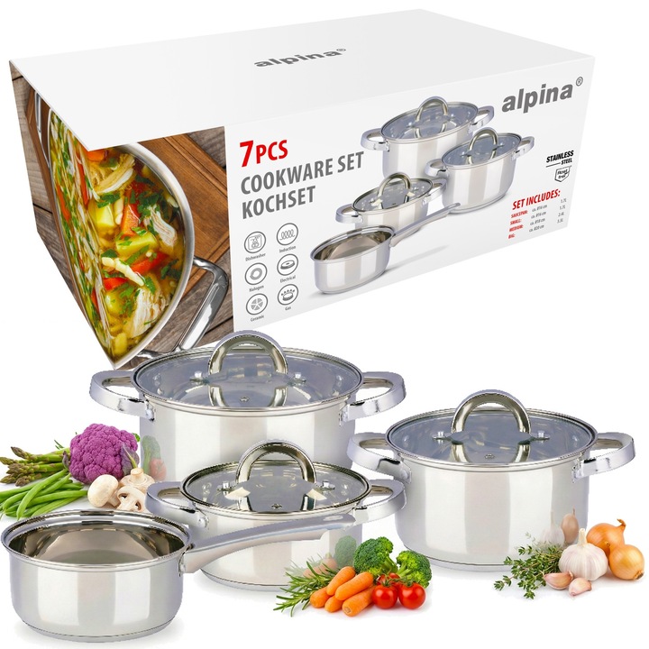 Set oale 7 piese Alpina, inox, capac sticla, 1.7L-3.5L, argintiu