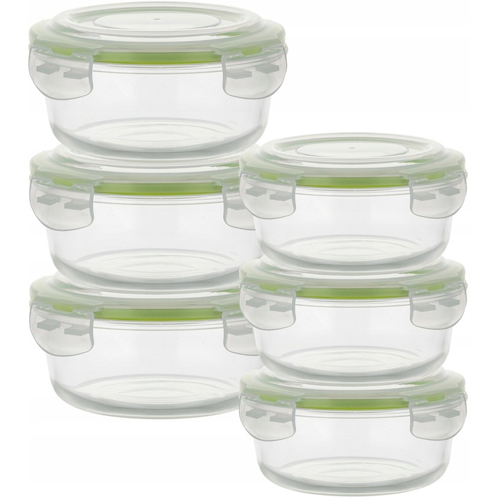 Set 6 cutii alimentare Florina Frigo, 3x1750ml, 3x620ml, sticla borosilicata, verde, transparent