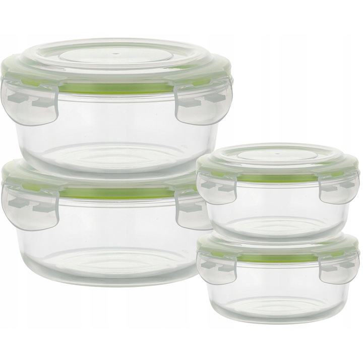 Set 4 cutii alimentare Florina Frigo, 2x1750ml, 2x620ml, sticla borosilicata, verde, transparent