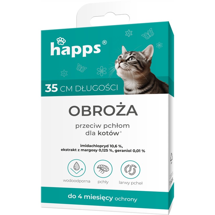Obroza antiparazitara HAPPS pentru pisici, 35cm, rezistenta la apa, actiune rapida, set de 4 bucati