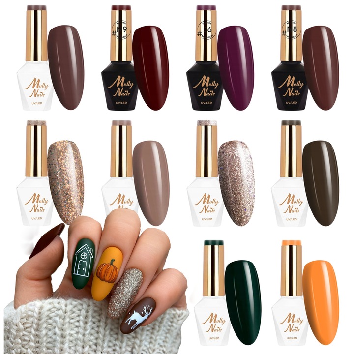 Set 8+2 lacuri hibrid MOLLY NAILS, nuante de toamna si sarbatori, multicolor, 8g