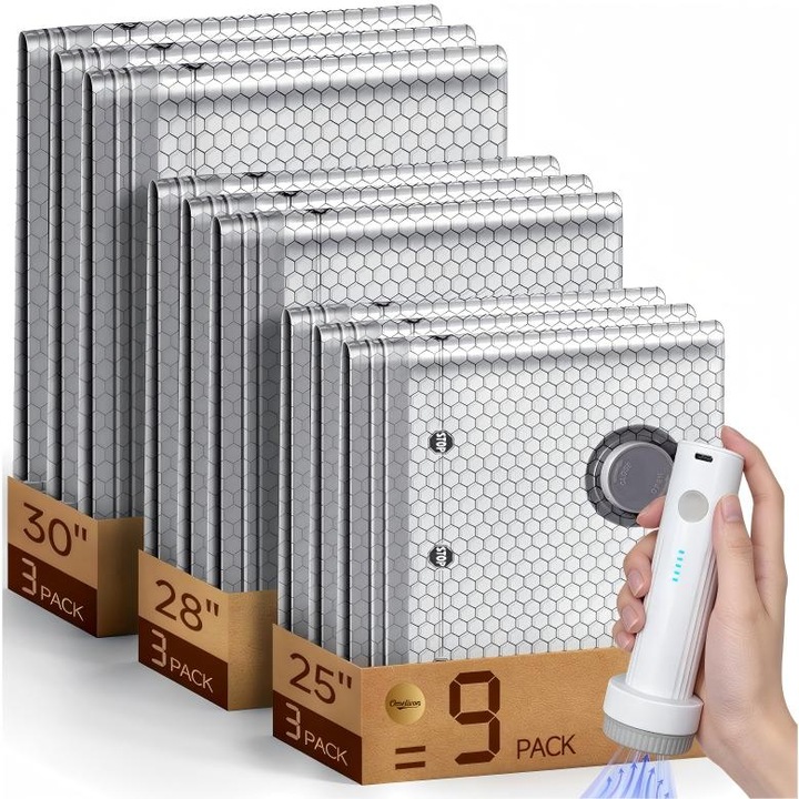 Set 10 Saci Vidat Haine cu Pompa Wireless, 3 dimensiuni, Gri negru, 40x40cm, 40x50cm, 40x60cm