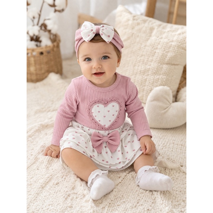 Set bebe fetita 3 piese body fustita si bentita cu inimioare, bumbac nou nascut