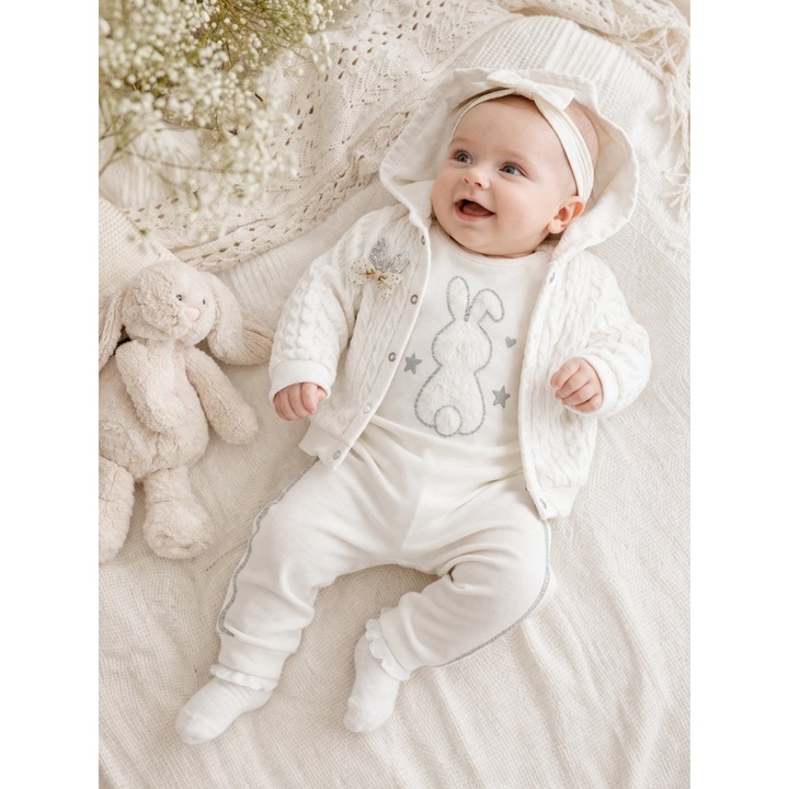 Set bebe 3 piese bumbac alb cu iepuras, body pantaloni hanorac