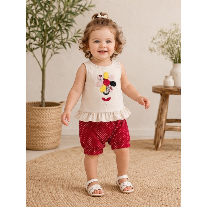 Costumas bebe fetita 2 piese bumbac top cu floare si pantaloni scurti rosii