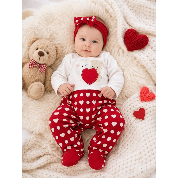 Salopeta bebe fetita rosie bumbac cu ursuleti si inimioare cu bentita nou nascut