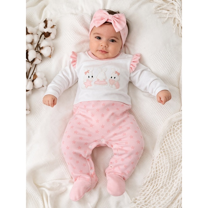 Salopeta bebe fetita roz bumbac cu iepurasi si stelute cu bentita nou nascut