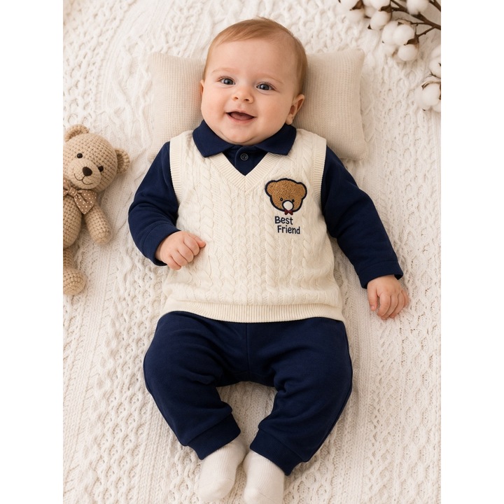 Set bebe baiat 2 piese bumbac cu efect vesta, bluza pantaloni