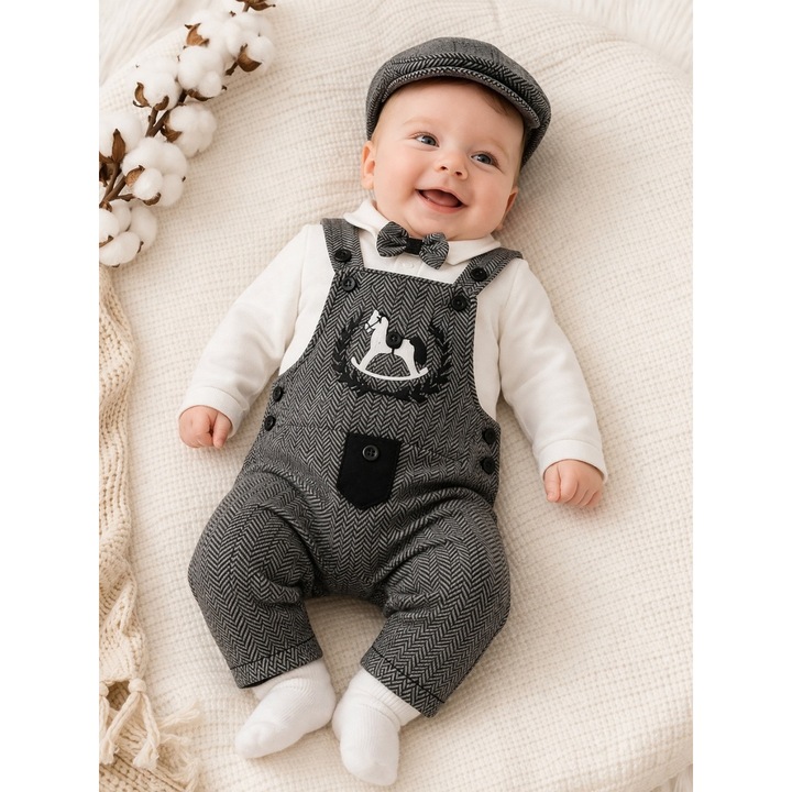Costumas elegant bebe baiat 3 piese salopeta cu papion camasa si sapca gri