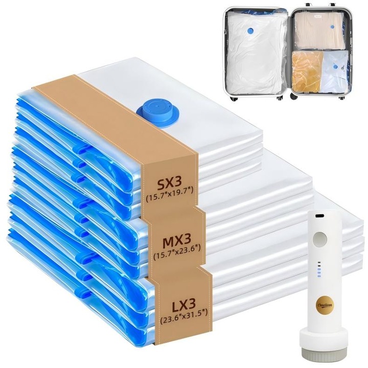 Set 10 Saci Vidat Haine cu Pompa Wireless, 3 dimensiuni, Alb, 40x40cm, 40x50cm, 40x60cm