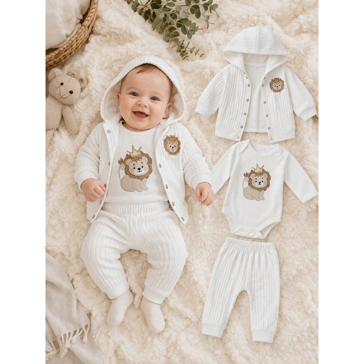 Set bebe 3 piese bumbac alb cu leu, body pantaloni hanorac nou nascut premium