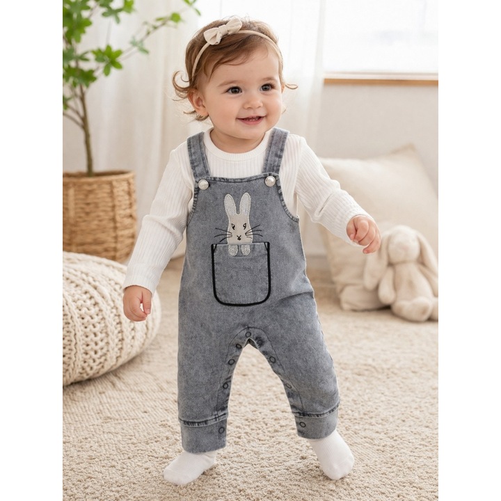 Costumas bebe 2 piese salopeta denim gri cu iepuras si bluza bumbac