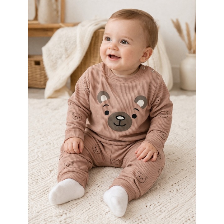 Set bebe 2 piese bumbac ribat maro cu ursulet, bluza pantaloni nou nascut