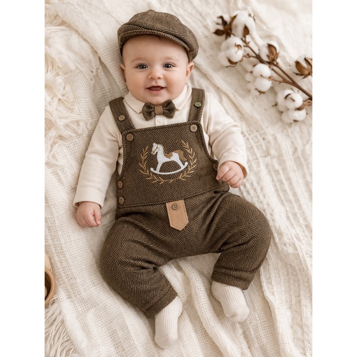 Costumas elegant bebe baiat 3 piese salopeta cu papion si sapca maro