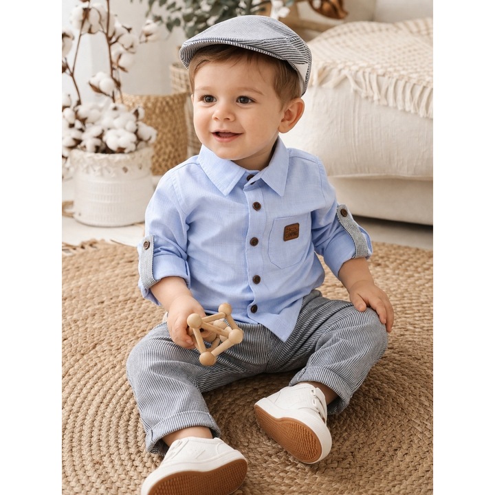 Costumas bebe baiat 3 piese camasa pantaloni si sapca din bumbac