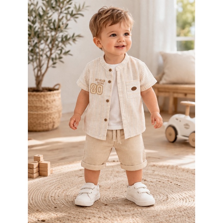 Set bebe baiat 3 piese din bumbac camasa tricou si pantaloni scurti elegant casual 1