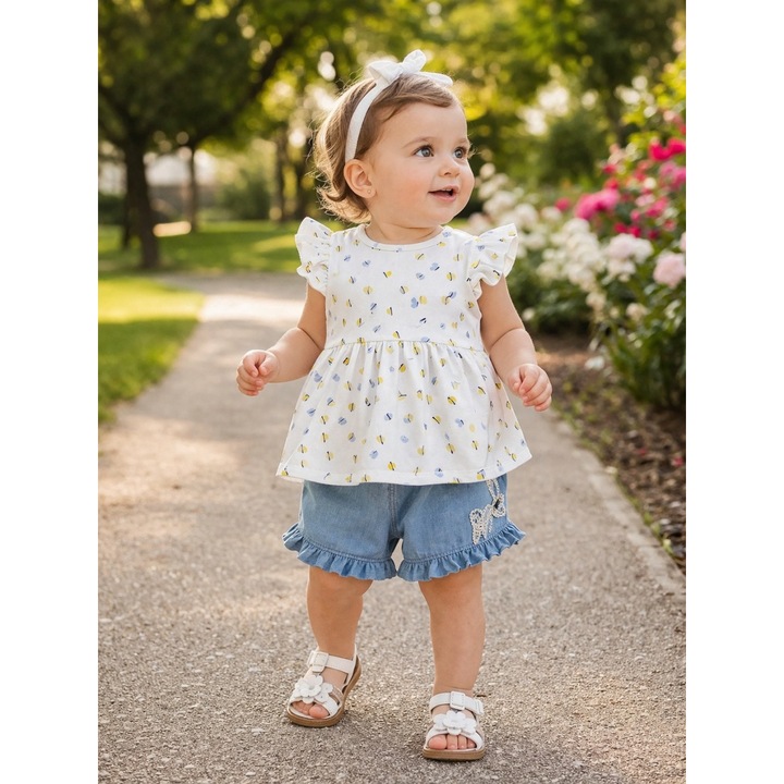 Costumas bebe fetita 2 piese bluza cu imprimeu si pantaloni scurti denim