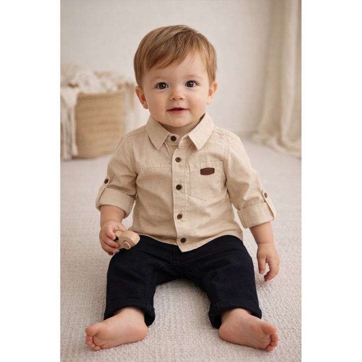 Set bebe baiat camasa bumbac si pantaloni denim casual elegant