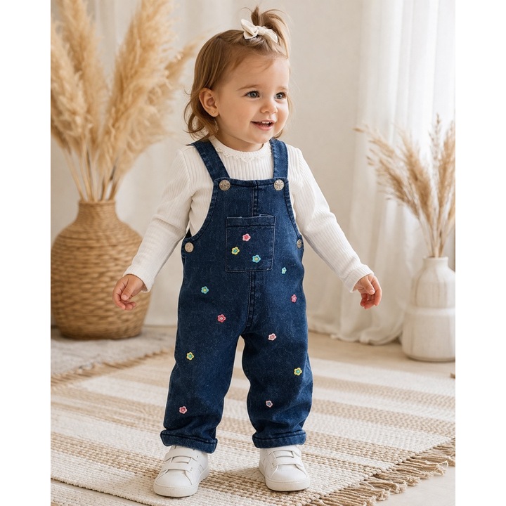 Costumas bebe fetita 2 piese salopeta denim cu floricele si bluza bumbac