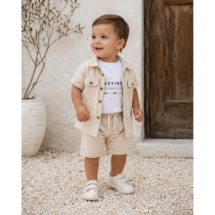 Set bebe baiat 3 piese din muselina camasa tricou si pantaloni scurti casual