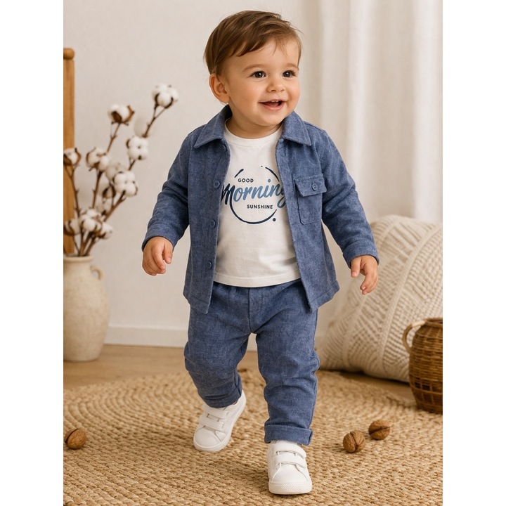 Set bebe baiat 3 piese din bumbac camasa bluza si pantaloni casual elegant