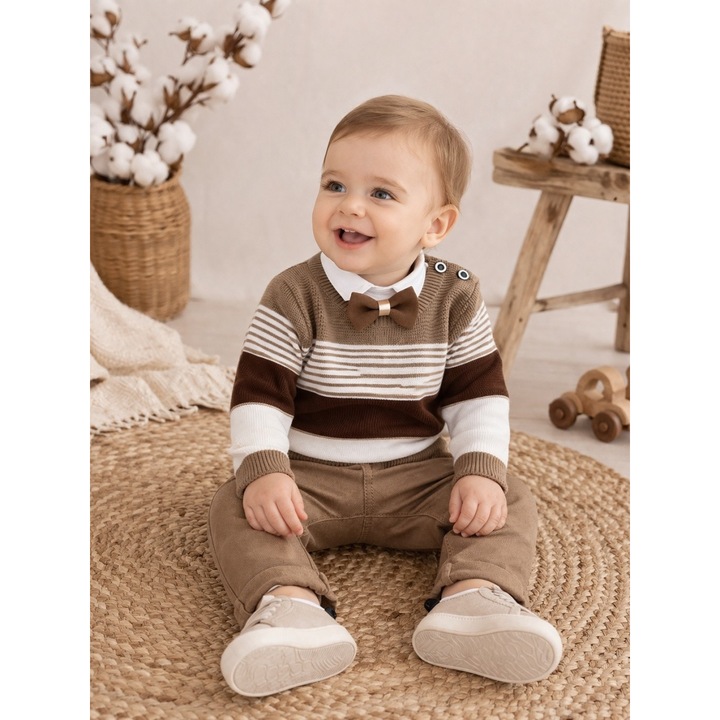 Set bebe baiat 3 piese elegant camasa papion pulover si pantaloni casual