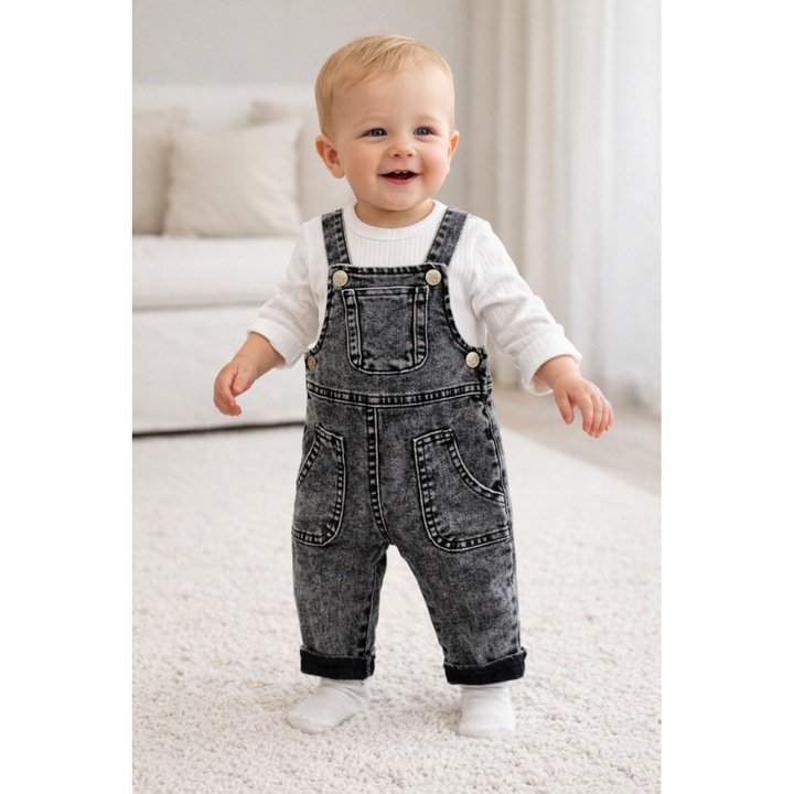 Salopeta bebe denim gri cu bluzita bumbac set 2 piese copii casual modern