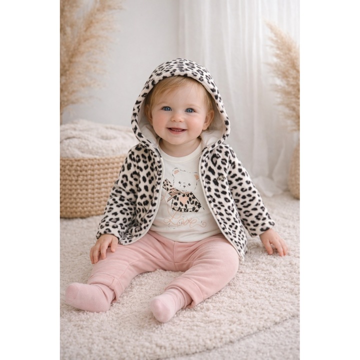 Set bebe fetita 3 piese din bumbac body pantaloni si hanorac cu gluga animal print