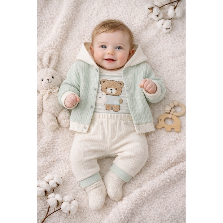 Set bebe baiat 3 piese din bumbac body pantaloni si hanorac cu gluga ursulet vernil