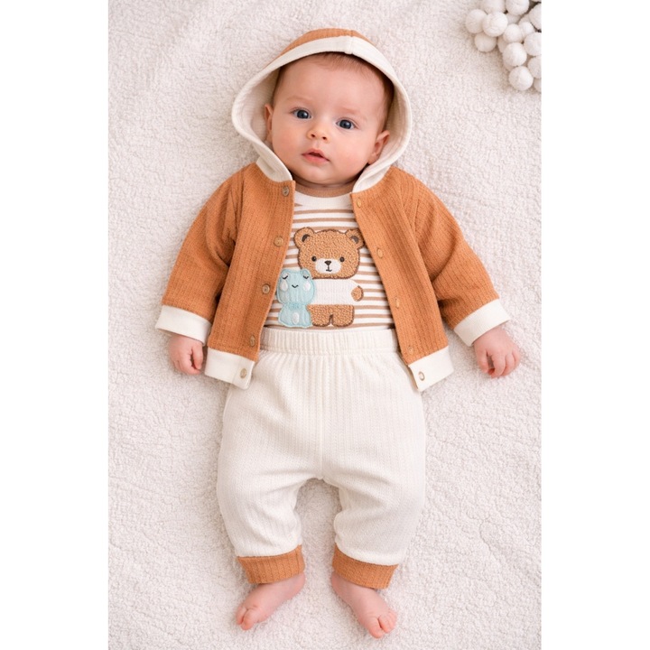 Set bebe baiat 3 piese din bumbac body pantaloni si hanorac cu gluga ursulet Multicolor