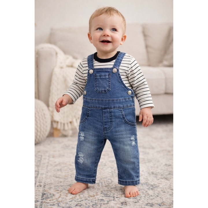Salopeta bebe din denim cu tricou bumbac set casual copii stil modern