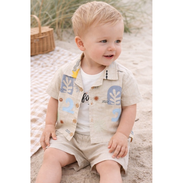 Set vara crem bebe 3 piese bumbac maieu camasa si pantaloni scurti casual