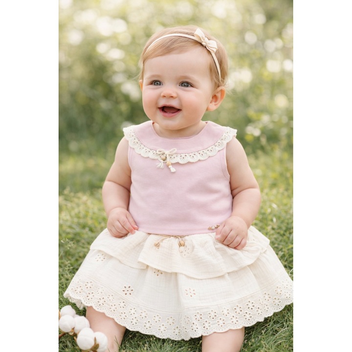 Set fetite vara top roz si fusta din muselina, cu dantela, elegant si lejer