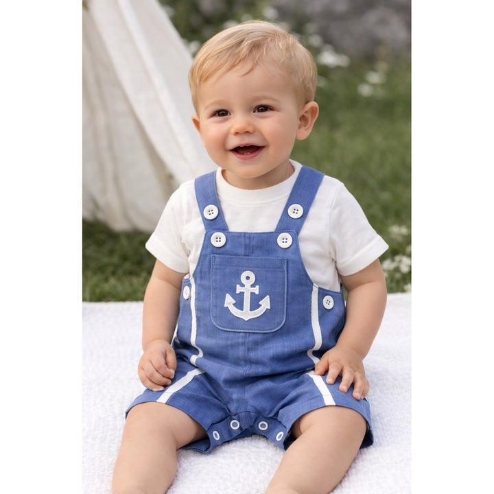 Set vara bebe 2 piese salopeta cu bretele si tricou bumbac model marin