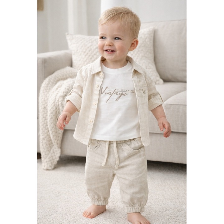 Set baieti 3 piese din in camasa bej tricou si pantaloni casual