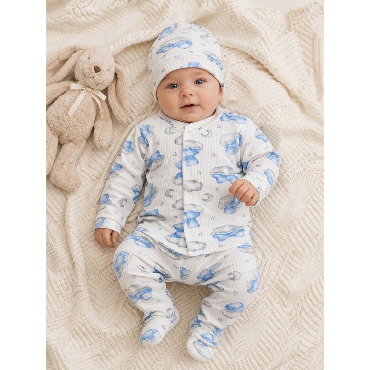 Set bebe 3 piese bumbac ribat cu norisori bluza pantaloni caciulita nou nascut, 0-3 luni