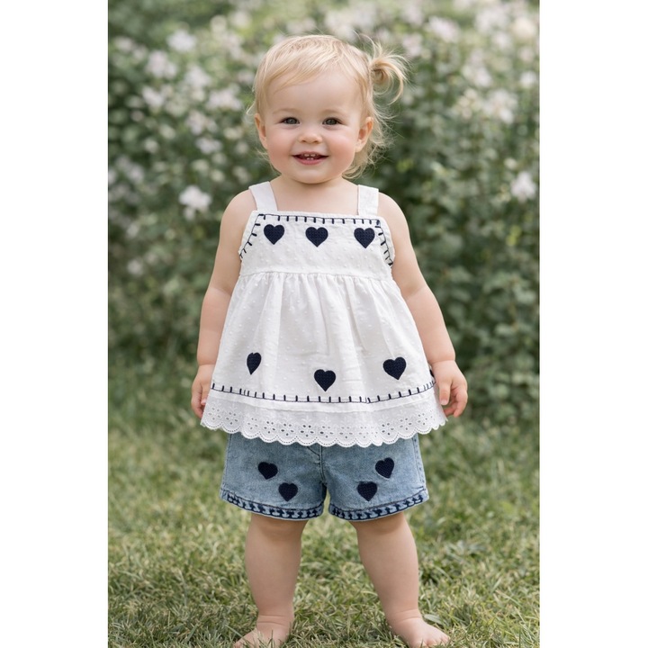 Set fetite vara bluza alba cu inimioare si pantaloni scurti denim, casual chic