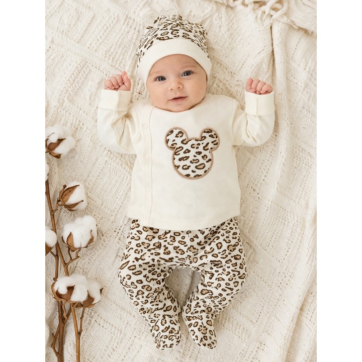 Set bebe 3 piese bumbac animal print leopard, bluza pantaloni caciulita nou nascut, 0-3 luni