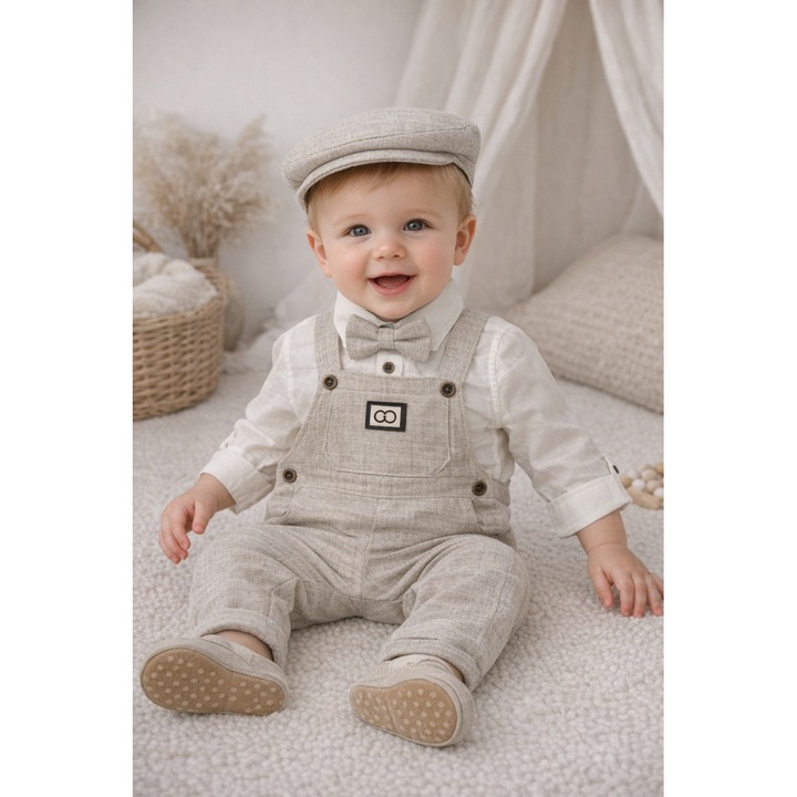 Set elegant baieti 4 piese salopeta gri camasa alba papion si sapca