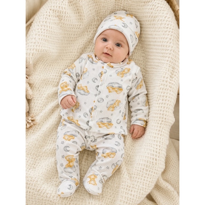 Set bebe 3 piese bumbac ribat cu ursuleti, bluza pantaloni caciulita, 0-3 luni