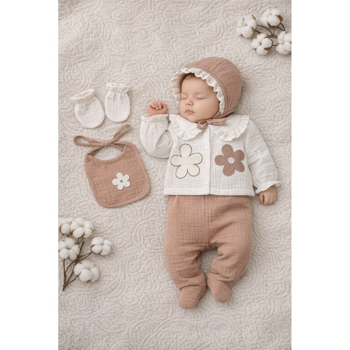 Set bebe fetita 5 piese din muselina bluza pantaloni cu botosei caciulita si bavetica, 0-3 luni