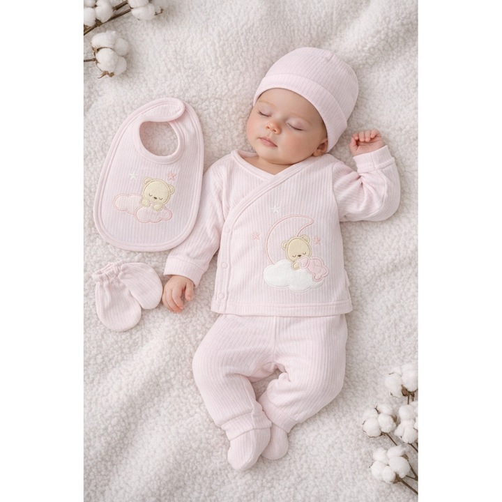 Set bebe 5 piese bumbac roz cu pantaloni, bluza, caciulita, bavetica si manusi, 0-3 luni