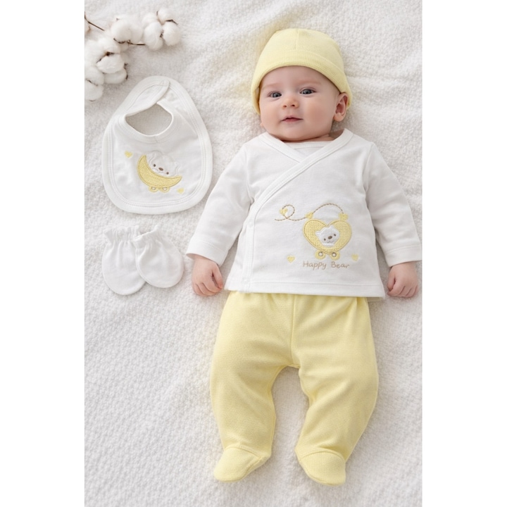 Set bebe unisex 5 piese din bumbac bluza pantaloni cu botosei caciulita manusi si bavetica, 0-3 luni