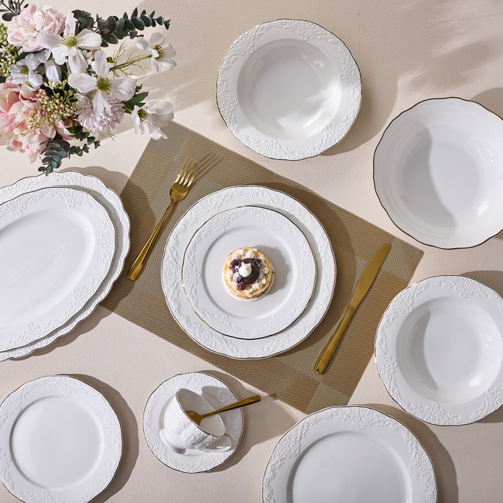 Serviciu de masa 40 piese "Antic", portelan – Set farfurii 12 persoane, detalii relief, margine aurie