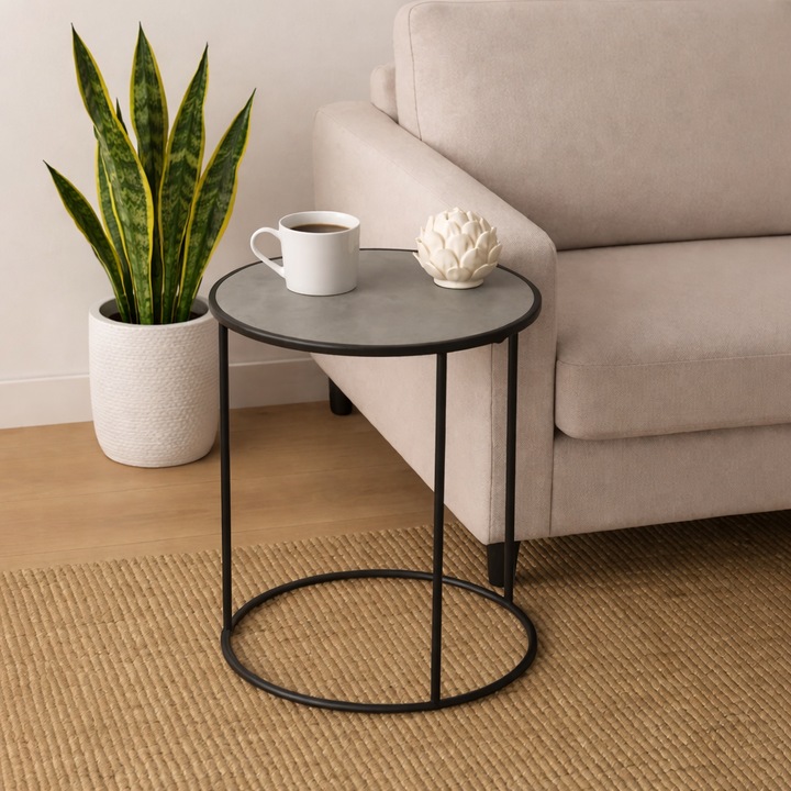 Masuta de cafea rotunda. Masuta auxiliara minimalista cu cadru metalic negru si blat MDF gri texturat, 45 cm diametru x 50 cm inaltime