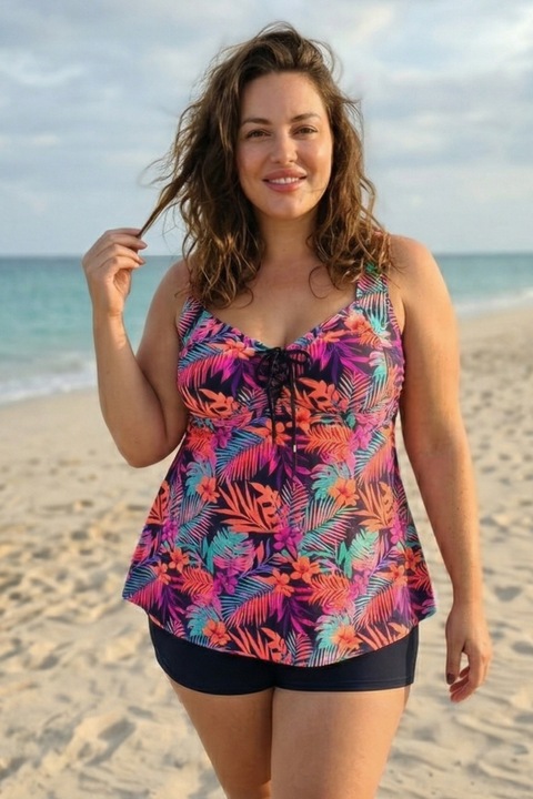 Costum de baie dama tip Tankini, bleumarin cu imprimeu floral si pantaloni scurti F2504 15274, Multicolor