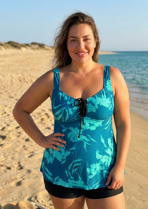 Costum de baie dama tip Tankini, bleumarin cu imprimeu floral si pantaloni scurti F2504 verde 15279, Multicolor