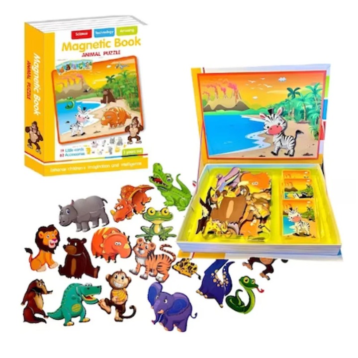 Joc Educativ Carte Magnetica Puzzle cu Animale, Stuniko® Include 19 Carduri si 62 Accesorii Magnetice, Dezvolta Imaginatia si Creativitatea, Multicolor, 3 Ani+