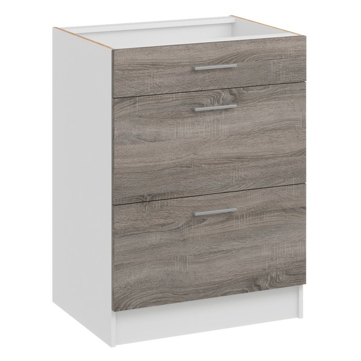 Set mobilier bucatarie, ROE Furniture, dulap inferior cu 3 sertare, 60x44x82cm, sonoma inchisa